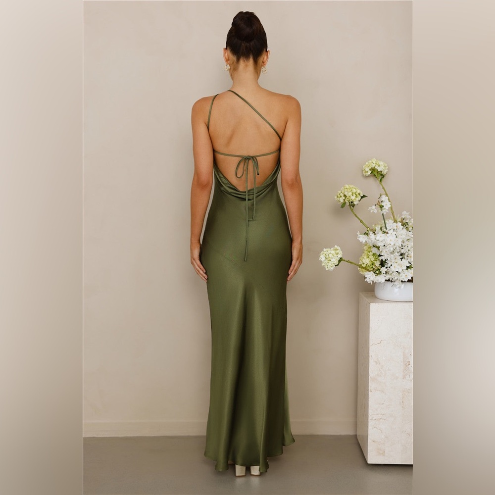 Hello Molly Olive Green One-Shoulder Satin Gown - Picture 3 of 6